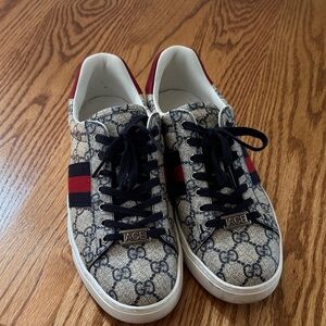 Gucci GG Canvas Ace Sneakers with Navy & Red stripe